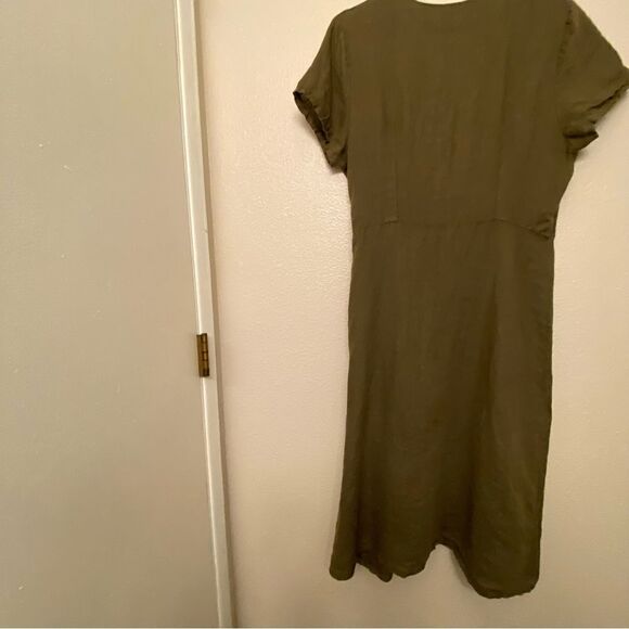 Dark Army Olive green linen wrap button front dress coastal beachy logenlook M - Picture 2 of 11
